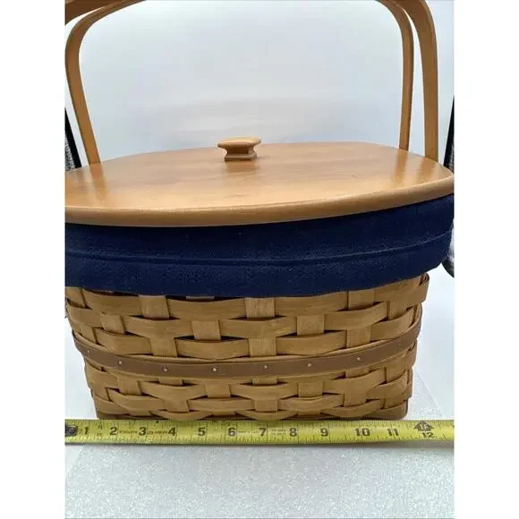 Longaberger 2003 Hostess Two Pie Basket, Wood Riser & Blue Fabric Liner12x12x8